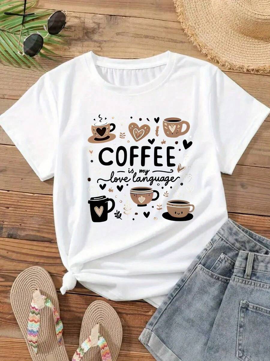 1 Women's Coffee Lover T-Shirt - White Short Sleeve Casual Blouse With Coffee Cup Design, 'Coffee Please' Print And Tea/Cocoa Bean Graphics, Suitable For Baristas, Language Students And Coffee Enthusiasts, A T-Shirt For Wear In All Seasons, Machine Washable, Crew Neck T-Shirt, Ideal For Gift, 180g 100% Cotton. - 白色 - 查看 1