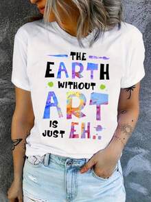 1 Teacher Letter Print T-Shirt, T-Shirt With The Phrase "The Earth Has No Art, Only 'Uh' Teachers", Back To School T-Shirt, Gift For Teachers, T-Shirt For Teachers Group, 180g 100% Cotton. - 白色 - 查看 12