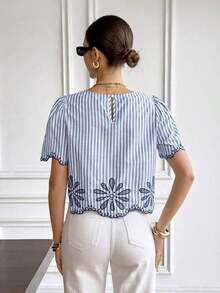 Camisa de mujer de moda casual con cuello redondo, manga corta y estampado de rayas - Azul y blanco - Ver 2