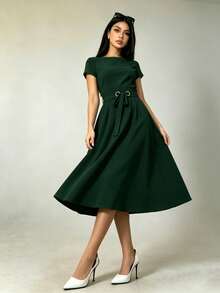 Vestido casual de mujer de cuello redondo y manga corta, vestido para mujer, vestido liso, vestido casual para el día a día, suave y cómodo. - Verde Niebla - Ver 5