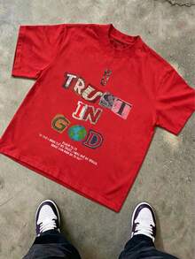 Tween Boy Cotten Clothes,Y2K-Inspired Letter Print T-Shirt - Casual Crew Neck, Short Sleeve, Machine Washable - Perfect For Spring/Summer/Fall,Fashion, Streetwear, Unisex, Men, Women - Đỏ - Xem 3