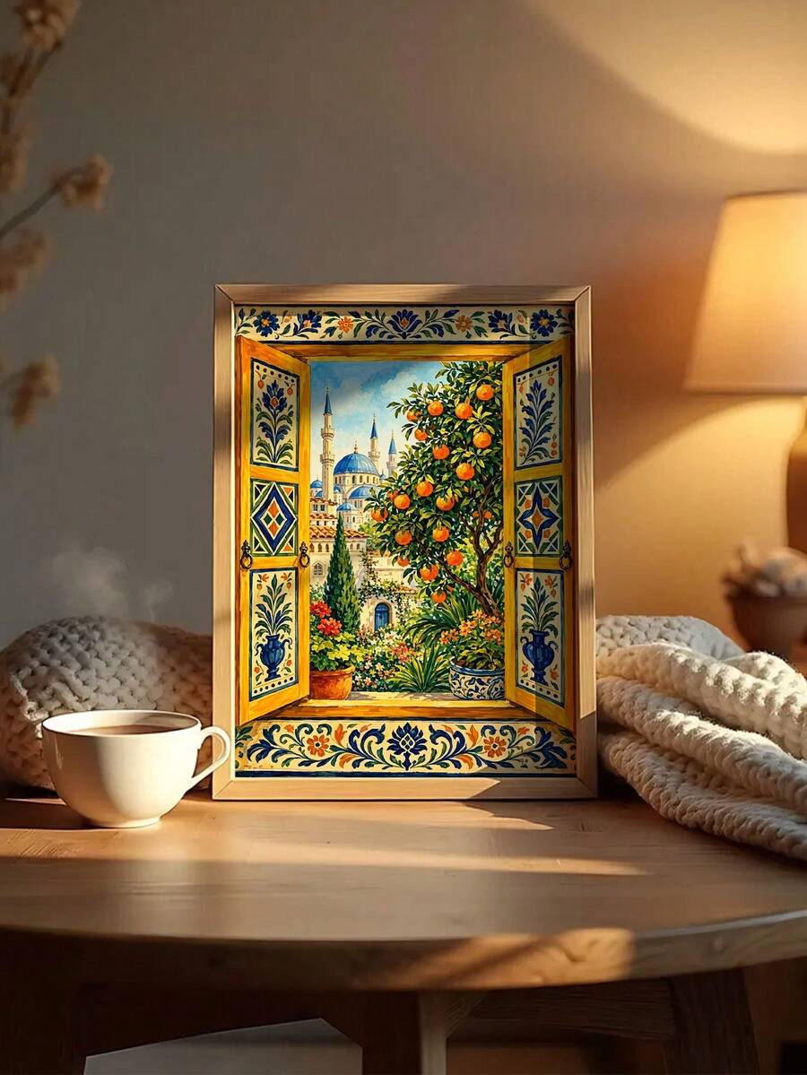 一幅色彩鲜艳的橘树庭院装饰画,窗户敞开;地中海摩洛哥风格蓝色花卉瓷砖图案和蓝色圆顶清真寺风景画;适用于客厅、餐厅、玄关和卧室的墙面装饰;无框 - 抽象 - 查看 1