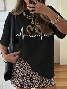 Women's Blouses, Fashionable Summer Short-Sleeved Women's T-Shirt, Casual Outdoor Fashion T-Shirt, Love Print Casual Women's T-Shirt With Relaxed Patterns, Seurmuse - 黑色 - 查看 1