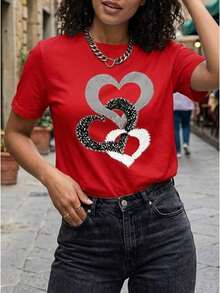 New Women's Casual Summer/Spring T-Shirt, Short Sleeve, Simple And Elegant With Heart Ring Print, Versatile For Daily Wear, Round Neck, Urban Vintage Style, Unisex, Loose Fit, Cotton. - 紅色 - 查看 3