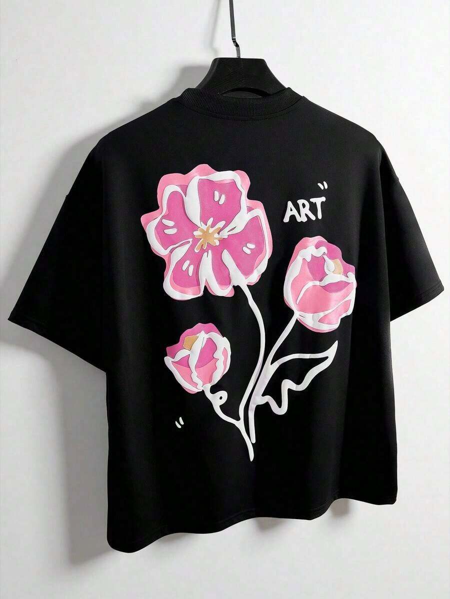 Short-Sleeved T-Shirt With Embossed Floral Print, Urban Style, For Men And Women, Suitable For Outdoor Activities, Music Festivals, Daily Wear And Meetings With Friends. - 黑色 4 - 查看 1