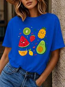 Women's Summer T-Shirt With Fruit Print - Graphic Tee With Watermelon, Strawberry, Avocado, And Kiwi, Loose Fit, Short Sleeve, Casual Crew Neck, Machine Washable, Comfortable Blouse For Everyday Wear In Spring/Summer (Medium Stretch). Suitable As A Gift. Women's T-Shirt. Blouses > Elegant. Boho Chic - Vintage Street Style Unisexoose Short Sleeve Cotton Crew Neck T-Shirt - 藍色的 - 查看 1