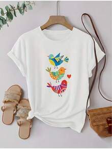 Plus Size Women's Spring/Summer Clothing, Colorful Bird Print T-Shirt, Round Neck, Short Sleeve,  Casual Top, Stylish Party Wear, Loose Fit, Holiday Gift, Fun Design, Everyday Wear, Loungewear. Printed, Simple, Versatile, Loose Fit, Fitted Round Neck Top. - 白色 - 查看 8
