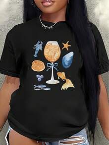 Essential Casual Short-Sleeved Polyester T-Shirt With A Seafood Design, Suitable For Casual Wear At Restaurants And At Home. Lightweight And Durable, Printed With Images Of Crabs, Clams, Fish, And Cocktail Glasses. Comfortable And Fitted For Everyday Activities. Soft Cotton Lining For Daily Wear. - 黑色 - 查看 12