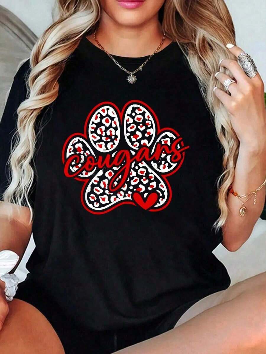 Women's Vintage Cougars School T-Shirts, With Sports Team Spirit, For Back To School - Black - View 1