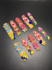 10件組 5.5cm 手工棺材形美甲片，鑲嵌水鑽、瓢蟲、波點與花朵設計，完整美甲套組，適合女性與女孩，適用情人節、派對、假日與日常配戴，美甲配件、壓克力美甲套組、手工壓式美甲、假指甲貼紙、美甲用品，手工穿戴式假指甲 - 彩色 - 查看 3