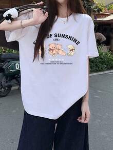 Spring/Summer 2026 New Women's Short Sleeve T-Shirt With Drop Shoulders And Cartoon Print "FULL OF SUNLIGHT" | Comfortable, Soft To The Touch, Sweet And Stylish For Casual Everyday Wear In Summer. - 白色 - View 7