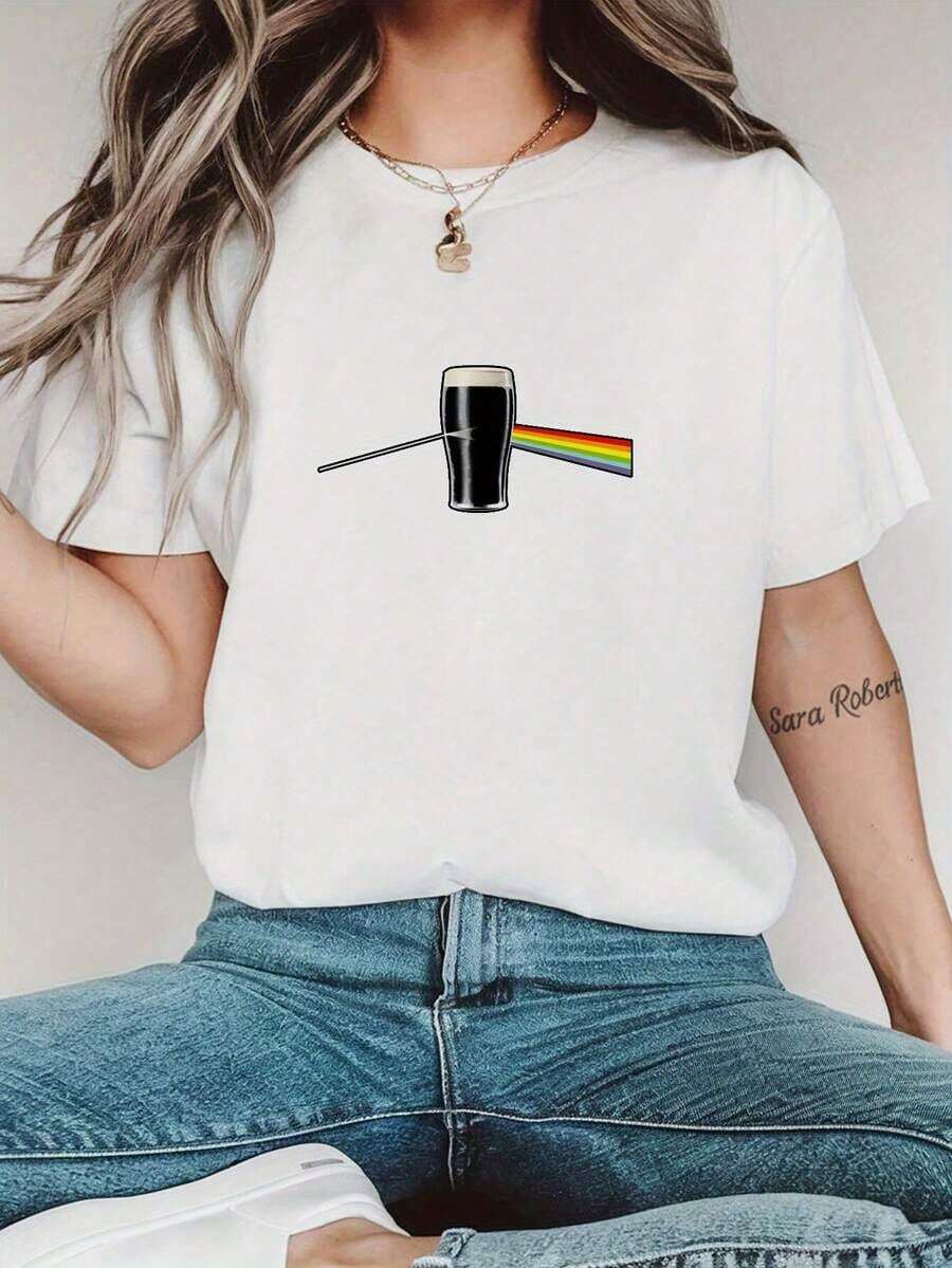 Women's Casual Short Sleeve T-Shirt With Black Beer Mug Graphic And Colorful Rainbow Stripes, White Crew Neck For Spring And Summer, Soft Polyester Blend, Machine Washable, Summer Casual Wear | Crew Neck T-Shirt | Subtle Graphic Print Blouses For Women>Clothing - 白色 - 查看 1