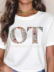 Premium Floral OT T-Shirt For Occupational Therapists - Cute And Comfortable White T-Shirt With A Botanical Design, Perfect Gift For Occupational Therapists, Workwear Or Casual Wear, Ideal For Occupational Therapy Week, Graduations, Or Career Celebrations. Gift Idea. - 白色 - 查看 1
