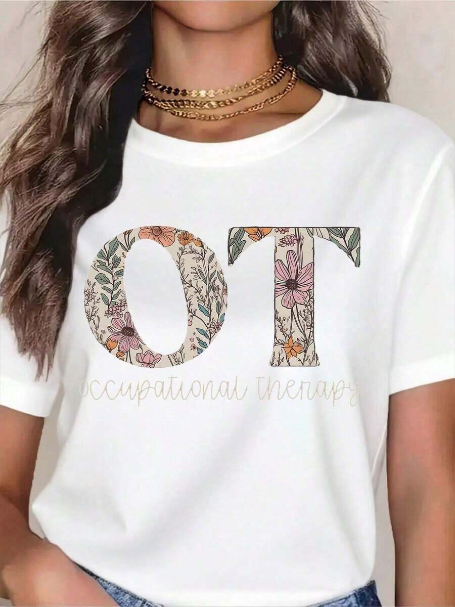 Premium Floral OT T-Shirt For Occupational Therapists - Cute And Comfortable White T-Shirt With A Botanical Design, Perfect Gift For Occupational Therapists, Workwear Or Casual Wear, Ideal For Occupational Therapy Week, Graduations, Or Career Celebrations. Gift Idea. - 白色 - 查看 1