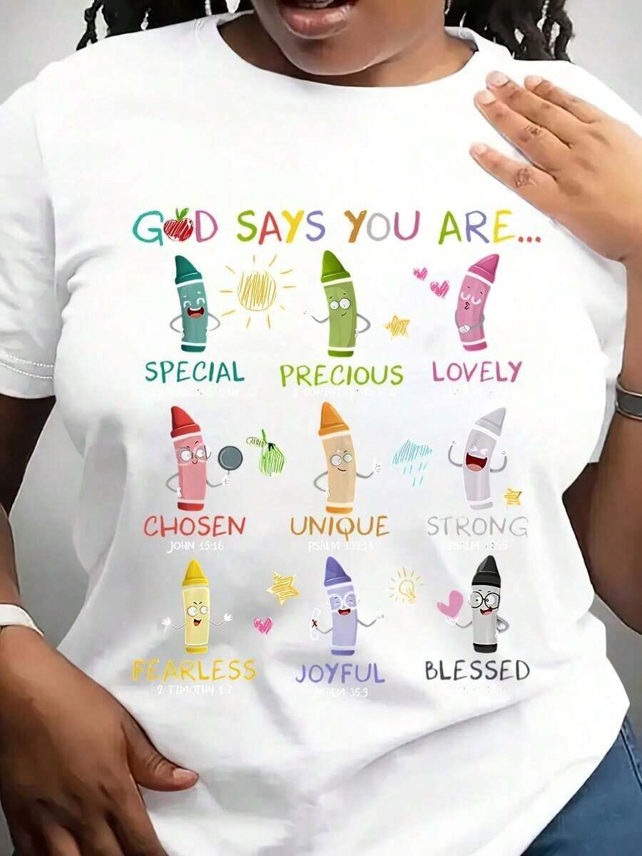 Women's Cotton T-Shirts [Gift For Christian Teachers] T-Shirt With Inspirational Bible Verse, Thank You Gift For Christian Teachers, Colorful Crayon Print, Casual Summer Style, Fabric, Perfect For Teacher's Day, Basic Women's Blouses - 白色 - 查看 1