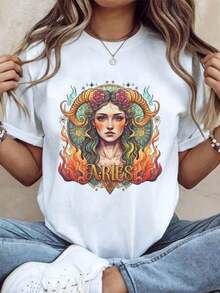 Women's Cotton T-Shirts With The Zodiac Sign Aries, Women's T-Shirt With Astronomical Art And Graphic Of Flaming Hair And Rose Crown For Spring And Summer Fashion, Gift For Birthdays Or Festivals, Basic Women's Blouses. - 白色 - 查看 2