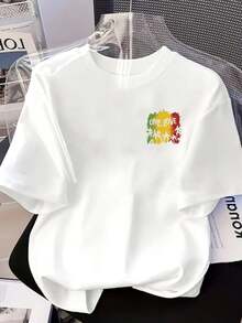 New 180g Short-Sleeved T-Shirt, 1% Cotton, With Front And Back Prints - One Love, Reggae Style - Fashionable Printed T-Shirt For Women, Your Best Choice! - Suitable For Layering In Spring And Autumn, Or Alone In Summer, Unisex Style. - White - View 3