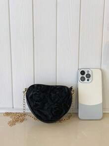 3D Lace Flower Heart Bag, Sweet Unique Multi-Purpose Chain Shoulder Crossbody Bag - Black - View 3