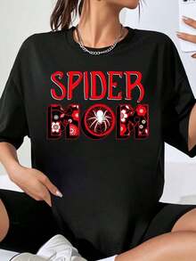 Spider Mom Women's Plus Size White T-Shirt With Spiderweb And Flower Graphic Design, Casual Summer Style, Ideal As A Mother's Day Gift - 黑色 - 查看 7