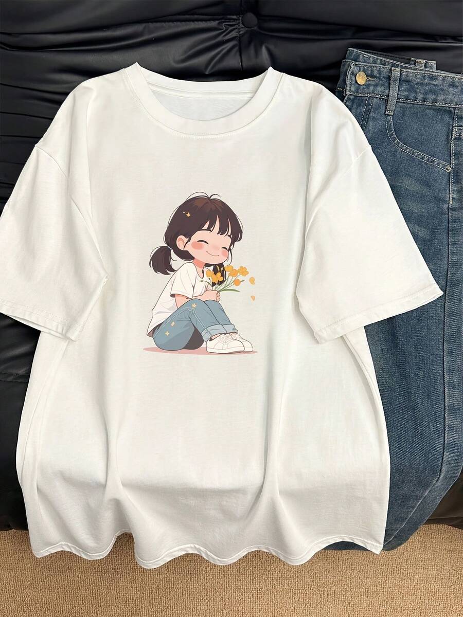 Modern Minimalist Clothing | Women's Clothing | T-Shirt | Women's Summer Short Sleeve T-Shirt With Cartoon Design Of A Girl Holding Flowers, Fashionable Outerwear, Modern Student Top, Very Popular In, For Casual Daily Wear. - 白色 - 查看 1
