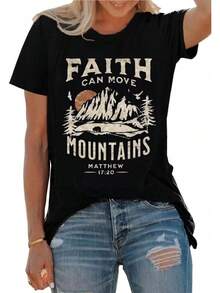 1Piece Fashion Casual For Men And Women Sun And Mountain Shirt For Women Camping Hiking Shirt Pine Tree Graphic Tee Nature Casual Short Sleeve Shirt Versatile, Easy To Match, Suitable For Daily Wear, Urban Style, Holiday Outfits, Weekend Outfits. - 黑色 - 查看 2