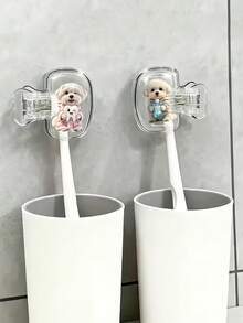 Small White Dog Holding Toothbrush Pattern Portable Toothbrush Protection Box, Toothbrush Protection Hat Holder, Essential Bathroom Accessories For Home And Business Travel, Daily Use, And Outdoor Travel, Portable Toothbrush - Multicolor - View 2