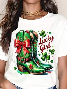 Lucky Girl Women's St. Patrick's Day T-Shirt With Cowboy Boots, Shamrock, And Red Bow Design For St. Patrick's Day Celebration, 220g - Urban Vintage Style, Unisex, Loose Fit, Cotton, Short Sleeve, Crew Neck, 100% Pure Cotton - 白色 - 查看 3