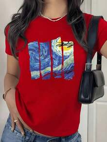 100% Cotton. Night Sky With Luminous Swirls That Evoke Artistic Calm And Cosmic Energy, Inspiring Freedom In Every Stroke. Women's 100% Cotton Soft And Comfortable Casual Elegant T-Shirt. Women's Simple Solid Color T-Shirt, Loose And Slim Fit Casual Short Sleeve - 紅色的 - 查看 9