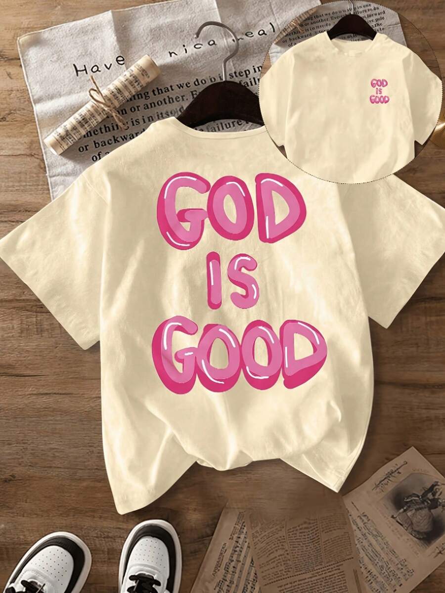New 2026 Collection: Women's Double-Sided Printed Cotton T-Shirt - Pink Bubble Print With The Phrase "God Is Kind", For Summer And Spring, Women's Clothing, Comfortable And Practical, Short-Sleeved T-Shirt With Round Neck And Loose Fit. - 杏色 - 查看 1
