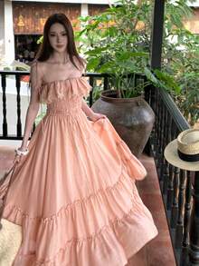 New Women's Summer Maxi Dress, Gorgeous, Ruffled, Sleeveless, Strappy, Vacation Design, Flattering, Perfect For Holidays, Beach, Sightseeing And Photogenic Looks - Dark Gold - 查看 2