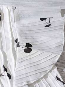Blusa casual de manga corta con cuello con volantes y estampado de cerezas para uso diario y vacaciones - Blanco y Negro - Ver 4