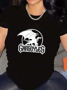 Women's Short-Sleeved T-Shirt With Round Neck And Cartoon Print Design. - Black - View 7