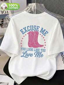 Vintage American Style Cowboy Boots In Purple And Red With A Red Star Print And A Short-Sleeved Crew Neck T-Shirt With A Graphic Print Of "EXCUSE ME / YOU LOOK LIKE YOU Love Me" In Light Blue And Pink, Suitable For Spring, Summer And Autumn, Summer Holiday Outfit - 彩色 - 查看 7