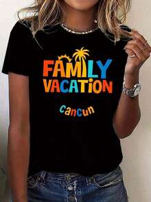 Women's Blouses: 1 Classic And Versatile Piece, Pure Cotton Short-Sleeved T-Shirt With Cancun Family Vacation Print, Sun And Palm Tree Design. Modern Style. - 黑色 - 查看 9