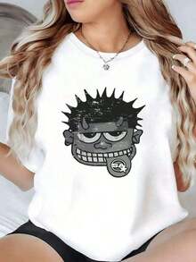 Women's Blouses Casual Loose Fit Urban Style T-Shirt 1 Piece Punk Devil Face Casual T-Shirt For Women 100% Cotton Round Neck Oversized With Cool Graphic Print T-Shirt For Womeneurmuse - 白色的 - 查看 8