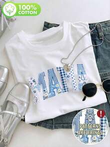 1 Piece Of Pure Cotton T-Shirt With Blue Floral Print "Mom", Blue And White Patchwork Print Design, Graphic Birthday Print For Mom, Women's Blouse, Short Sleeve Round Neck T-Shirt For Everyday Wear, Mother's Day Gift, 180g 100% Cotton. - 白色 - 查看 1