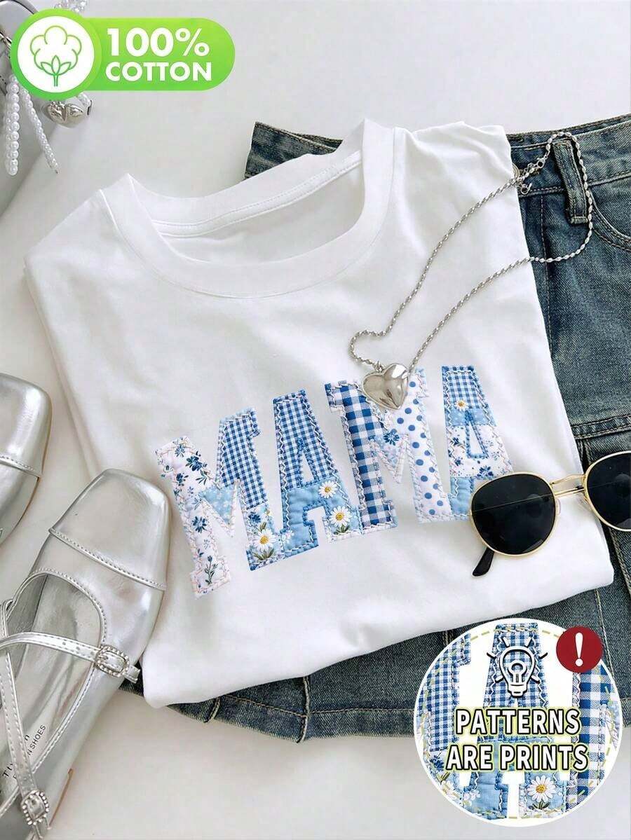 1 Piece Of Pure Cotton T-Shirt With Blue Floral Print "Mom", Blue And White Patchwork Print Design, Graphic Birthday Print For Mom, Women's Blouse, Short Sleeve Round Neck T-Shirt For Everyday Wear, Mother's Day Gift, 180g 100% Cotton. - 白色 - 查看 1