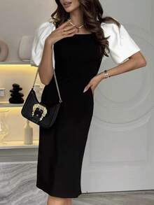 Women's Retro Elegant Fitted Dress In Contrasting Black And White, Bubble Sleeves And Slim Fit - Black - View 8