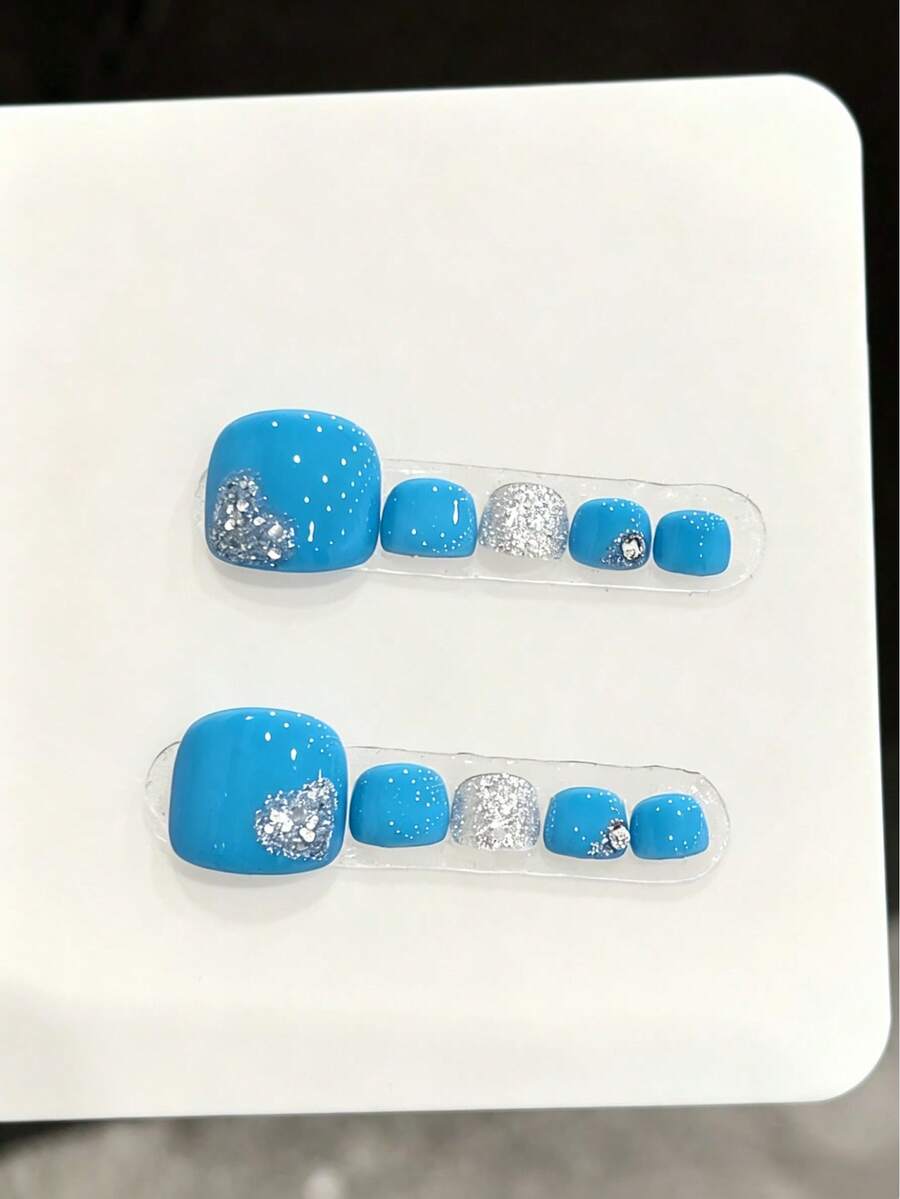 10 Unhas Postiças para os Pés Feitas à Mão para Festa e Uso Diário, Fáceis de Aplicar, Adequadas para Raparigas e Mulheres, Festivais, Festas e Festival de Música, Presente para o Dia dos Namorados e Dia da Mãe - Azul - Ver 1
