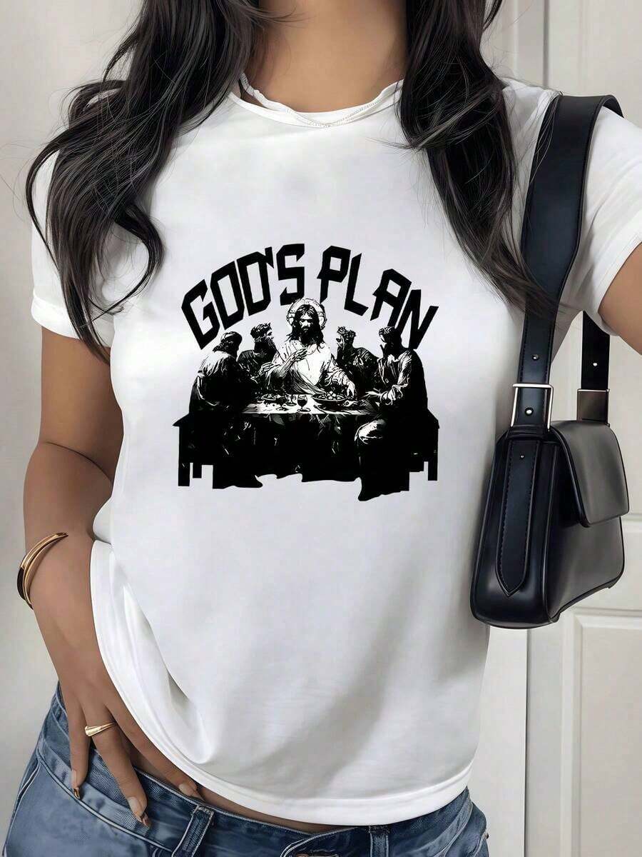2026 New Cotton-Shirt 100% Cotton Sacred Gathering With Central Figure Symbolizing Faith And Spiritual Union Around A Table With Classic Details Women's T-Shirt In Soft Fabric % Cotton White Women's Simple Solid Color-Shirt, Loose And Casual Short Sleeve - 白色的 - 查看 1