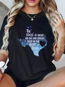 Camiseta Estampada para Mujer - Camiseta Casual de Manga Corta y Cuello Redondo con Silueta de Texas en Azul y Texto Blanco, Diseño Elegante con Joyas Plateadas, Corte Relajado para Todas las Estaciones, Perfecta para Uso Diario y Atuendos de Vacaciones (Lavable aáquina). - Negro - Ver 6