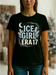 Camiseta Estampada para Mujer GIRL ERA 17 - Camiseta Casual Negra de Manga Corta y Cuello Redondo, con Corte Relajado para Todas las Estaciones, Perfecta para el Uso Diario y Atuendos de Vacaciones (Lavable aáquina). - Negro - Ver 6