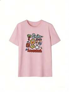Summer Cartoon T-Shirt With "Smile~" Text, Fashionable Short-Sleeved T-Shirt For Spring And Summer 2026, Made In Mexico, 180 Grams. Cartoon Print, Couple Design, Suitable For Indoor Or Outdoor Wear. Crew Neck, Unisex, Ideal For Office And Leisure. One-Pack. - PK-P631577SLNDXZGY595 - 查看 2