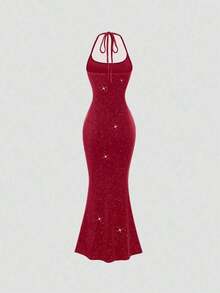 Vestido largo de fiesta formal con cuello halter y bajo de sirena en color sólido de - Borgoña 2 - Ver 2