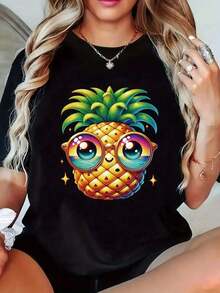 1 Playera para Mujer 100% Algodón Transpirable Camia de Mujer con Estampado Tropical de Piña - Negra, Casual, de Manga Corta y Cuello Redondo, con Patrón Geométrico, Tejido de Punto Transpirable y Ligeramente Elástico, Lavable a Máquina para Uso en Verano y Todas las Temporadas. Adecuado como regalo.playera de mujer.blusas>elegante.boho chic,Top de mujer suave, transpirable y cómodo, ideal para primavera, verano y otoño, perfecto para vacaciones, viajes y uso diario. - Negro - Ver 7