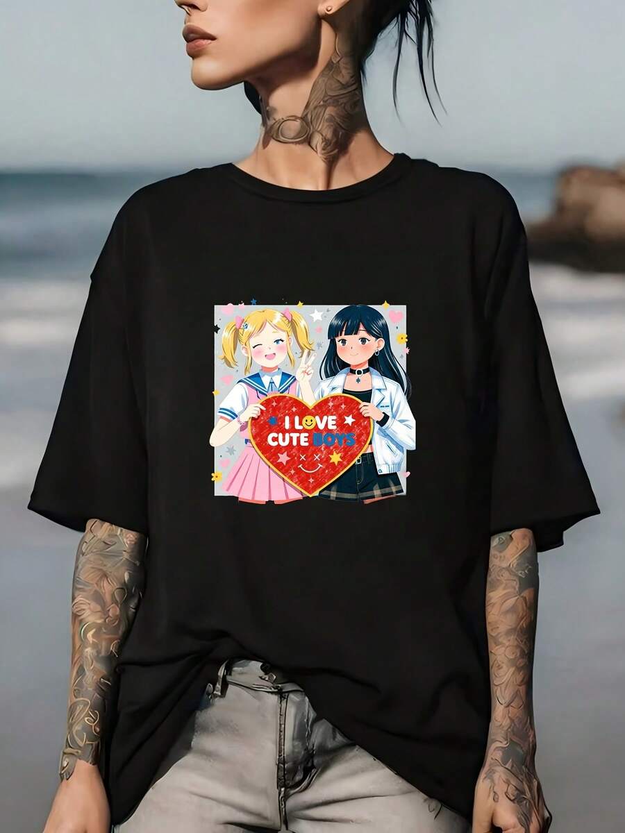 180g T-Shirt With A Lovely Design For Couples - Soft And Comfortable, Perfect Gift For Valentine's Day, Family Gatherings And Team Building Activities - Ideal For Couples, Friends And Group Outings. - 黑色 - 查看 1