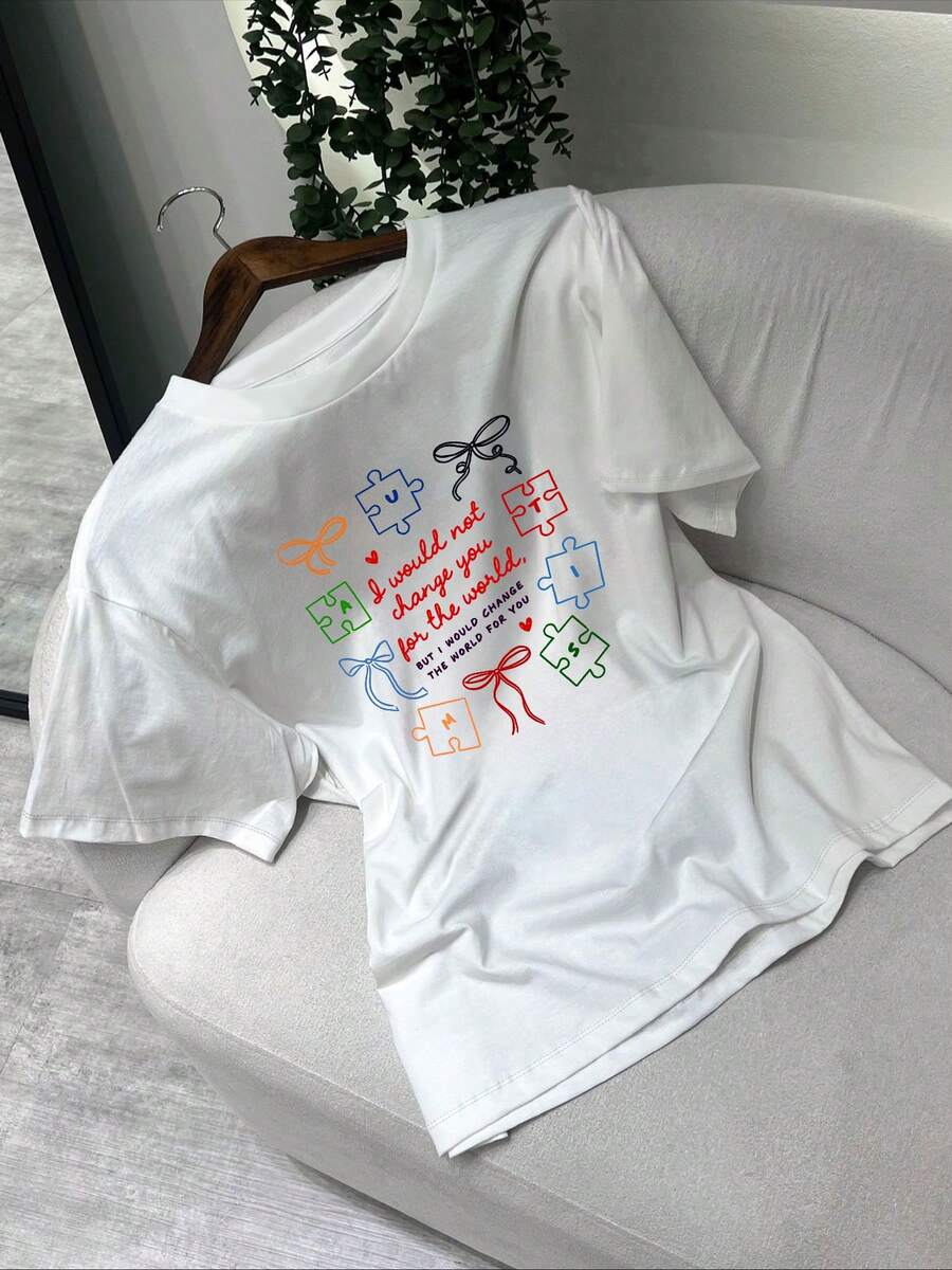 Women's T-Shirt "I Wouldn't Trade You For Anything" - Autism Awareness Clothing For Mothers, Casual Round Neck T-Shirt, Suitable For Summer, Daily Wear, Going To Work And For Holiday Outfits - Machine Washable, Specially Designed For Mothers Of Children With Autism. - 白色 - 查看 1