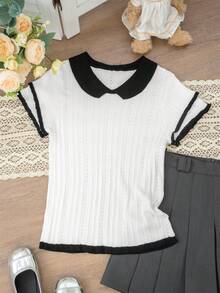 Nuevo diseño de verano Blusa de punto de cuello polo de color contrastante para mujer en blanco - Blanco - Ver 6