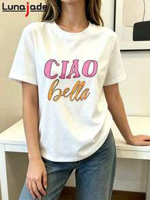 Pure Cotton Women's Casual Plus Size T-Shirt Soft Comfortable Sexy Streetwear Ciao Bella Printed Crew Neck T-Shirt Doesn't Deform Elegant Spring/Summer Short Sleeve Hello Bella - 白色的 - 查看 7