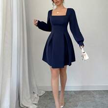 Vestido midi con cinturón, cuello cuadrado y unicolor elegante para mujer, otoño - Marrón - Ver 5